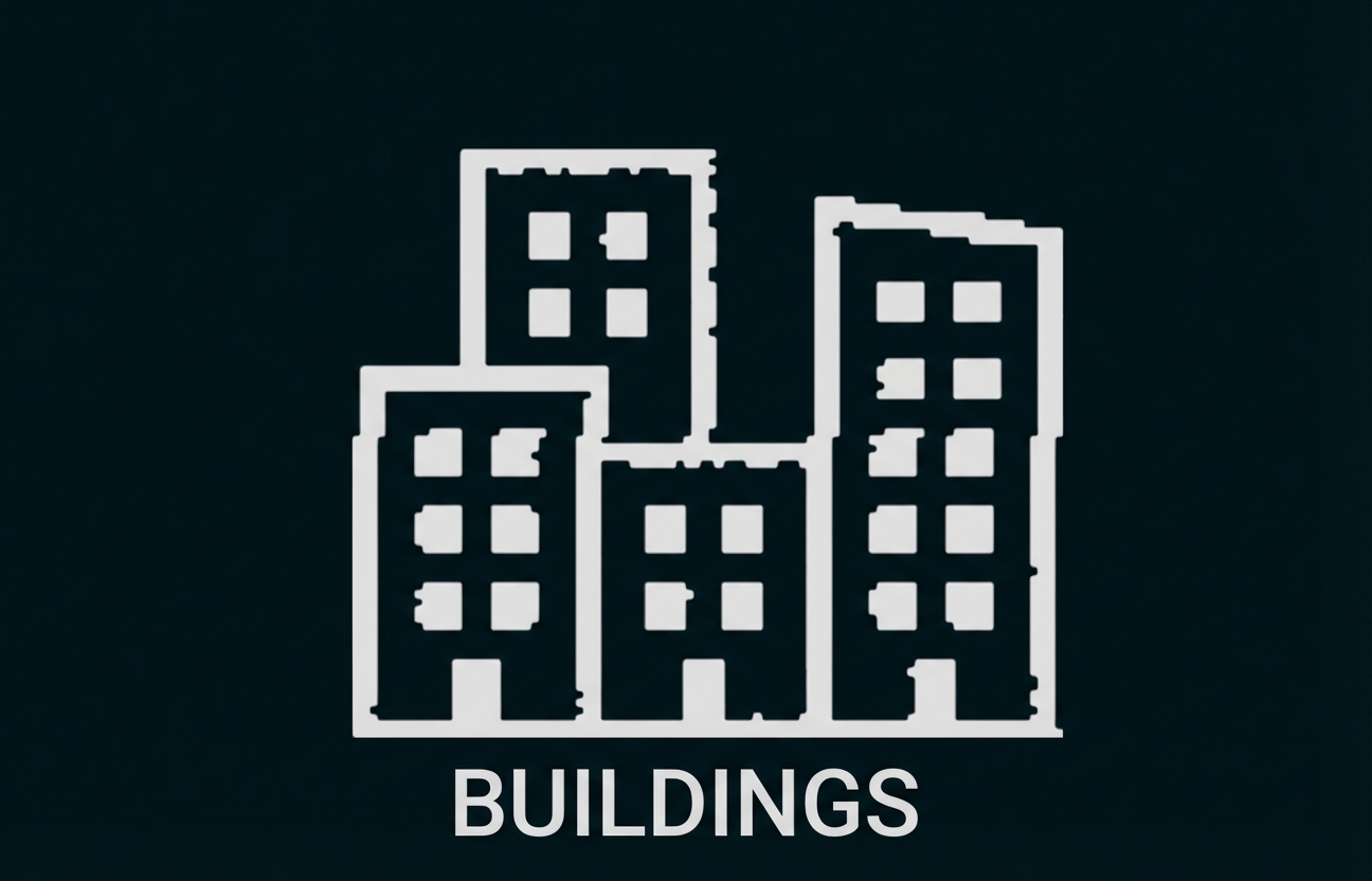 Schwarz-weißes Icon mit vier stilisierten Hochhäusern